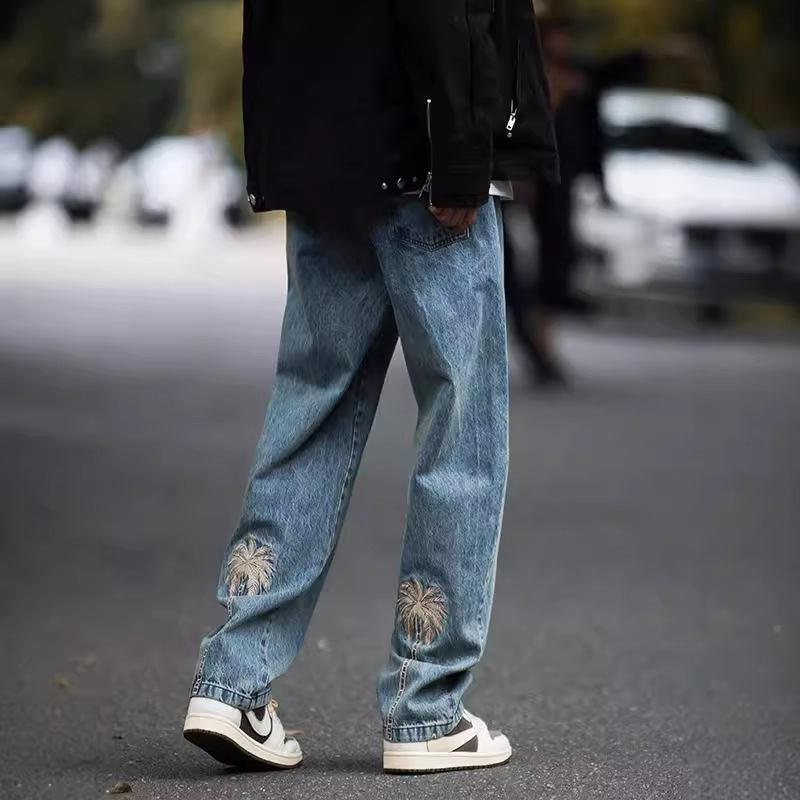美式休閒街頭潮流水洗復古寬鬆直筒牛仔褲