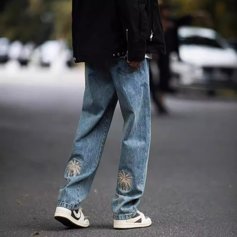 美式休閒街頭潮流水洗復古寬鬆直筒牛仔褲