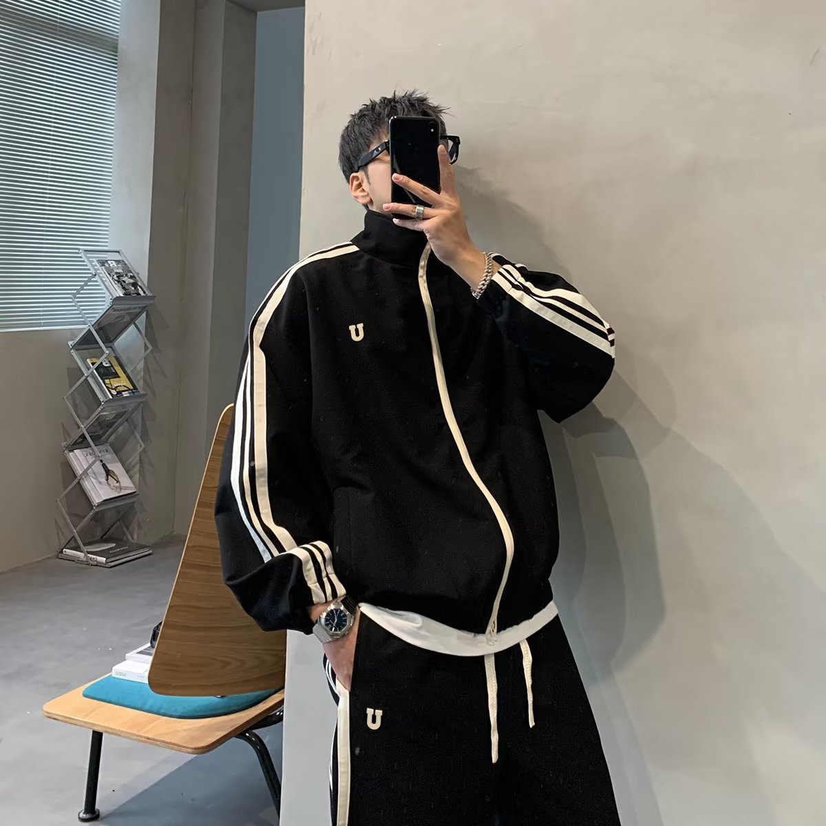 【整套】港式雙桿慵懶運動風情侶長袖外套+休閒寬鬆ins百搭長褲兩件套裝