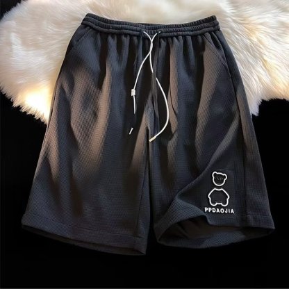 港風寬鬆大碼小熊鋼印時尚潮流直筒五分褲