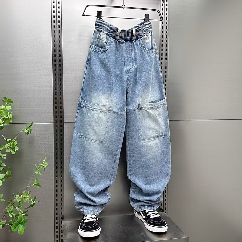 大口袋工裝水洗磨白復古痞帥寬鬆牛仔褲