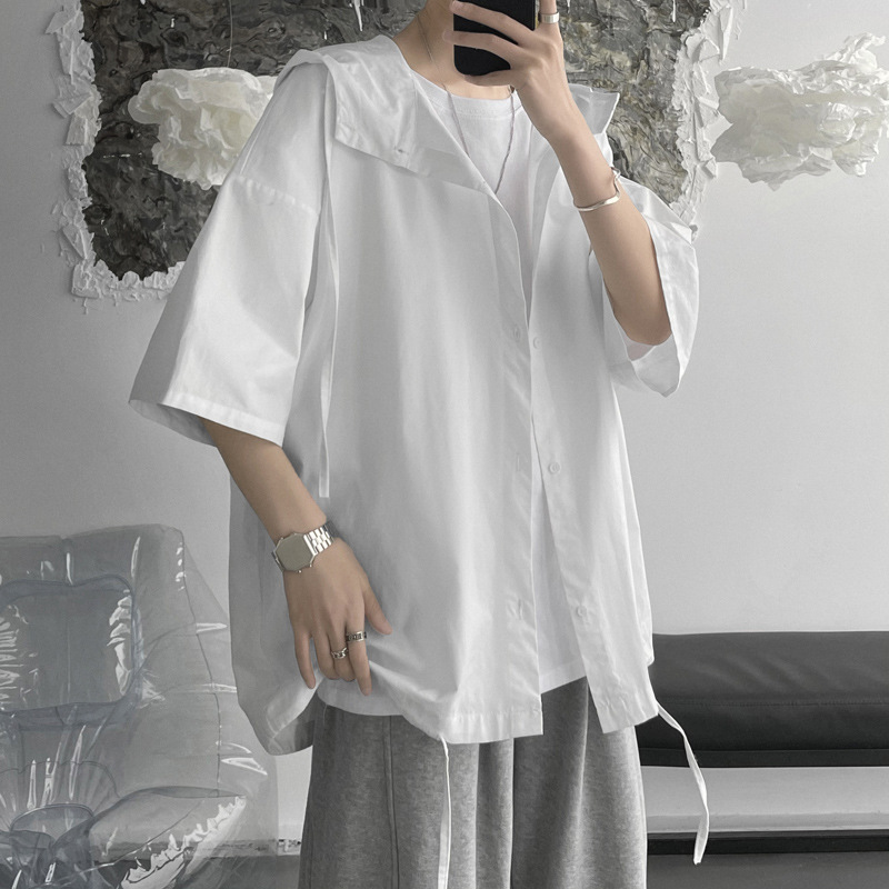 日系純色涼爽港風連帽五分袖薄款寬鬆開衫-Nuostyle