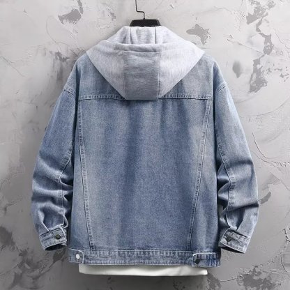 帶帽子夾克連帽休閒工裝牛仔假兩件外套