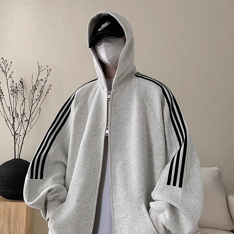 日系復古寬鬆休閒拉鏈條紋連帽外套