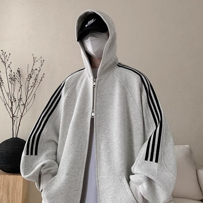 日系復古寬鬆休閒拉鏈條紋連帽外套