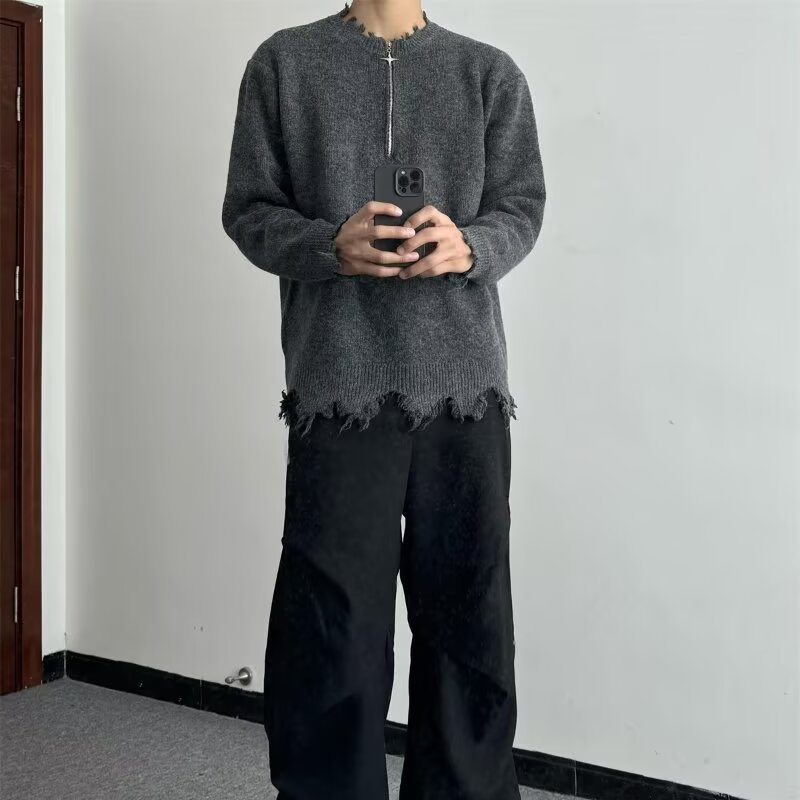 美式半拉鍊不規則毛邊寬鬆慵懶風設計感針織毛衣