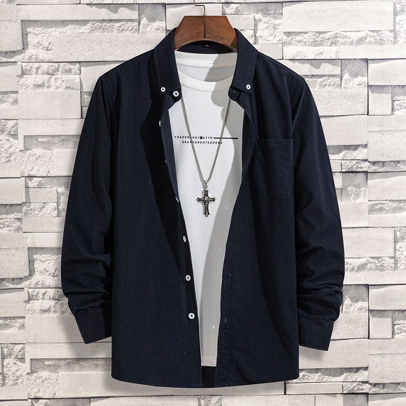 韓版寬鬆純色磨毛有口袋燈芯絨長袖襯衫