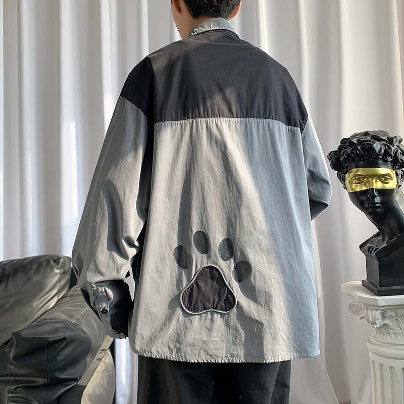 設計感小眾寬鬆bf風長袖趣味小熊拼接襯衫-NitSoon