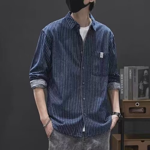 潮牌日系條紋打底長袖內搭寬鬆休閒襯衫