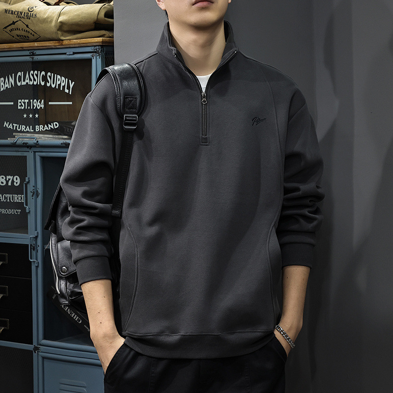 重磅磨毛刺繡美式復古半拉鏈立領寬鬆衛衣-NitSoon