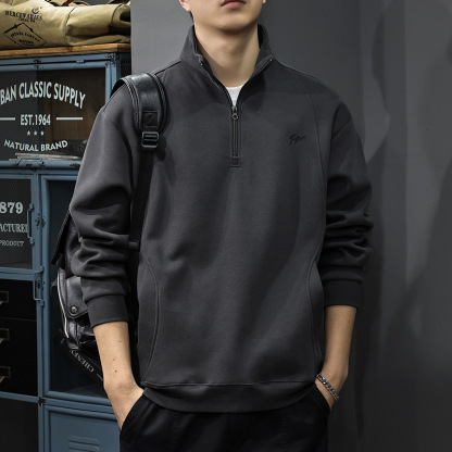 重磅磨毛刺繡美式復古半拉鏈立領寬鬆衛衣-NitSoon