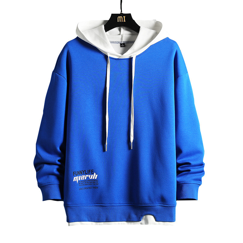 連帽長袖拼色假兩件撞色衛衣