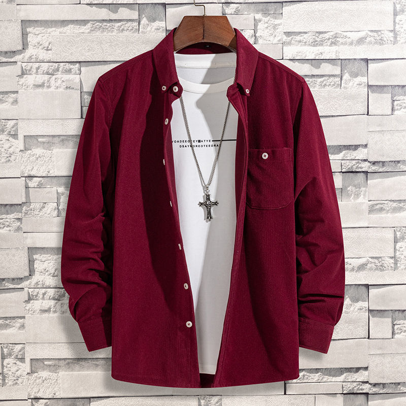 韓版寬鬆純色磨毛有口袋燈芯絨長袖襯衫