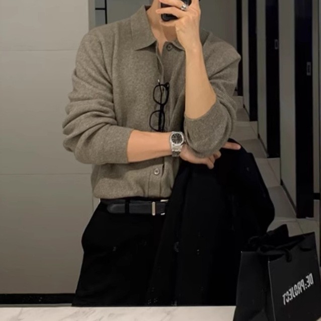 輕熟風素色翻領韓版潮流休閒慵懶風針織開衫