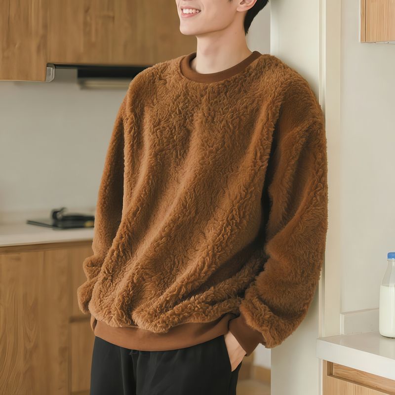 刷毛加厚韓版寬鬆大碼保暖圓領毛絨長袖T恤