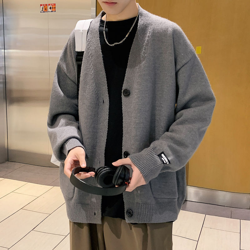 潮流寬鬆毛衣外套素色V領長袖針織開衫