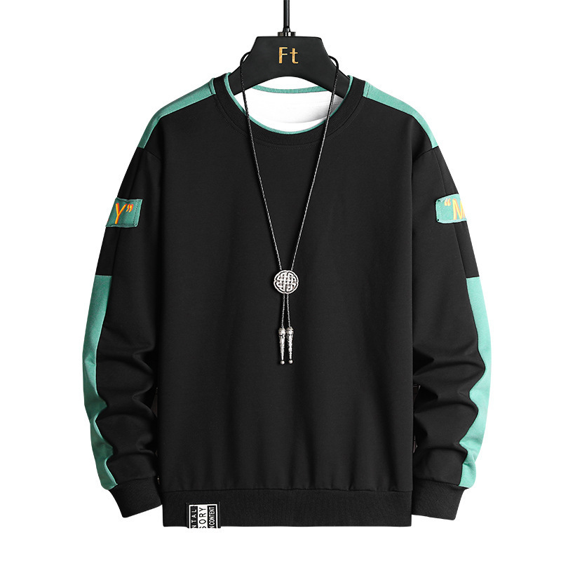 時尚潮流拼色寬鬆圓領長袖T恤休閒衛衣