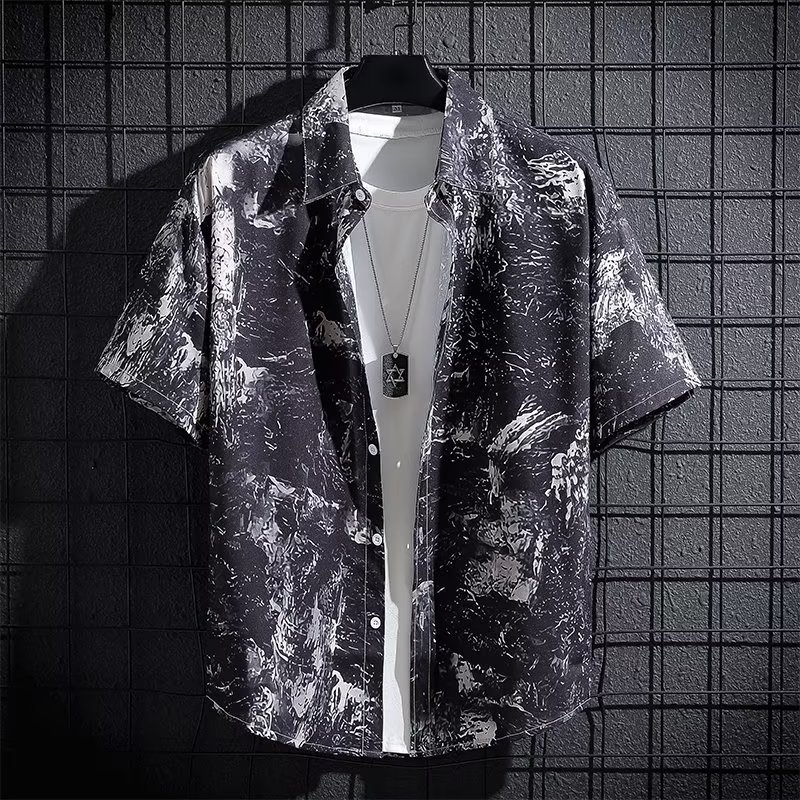 冰絲涼感透氣夏季寬鬆韓版潮流印花襯衣襯衫上衣