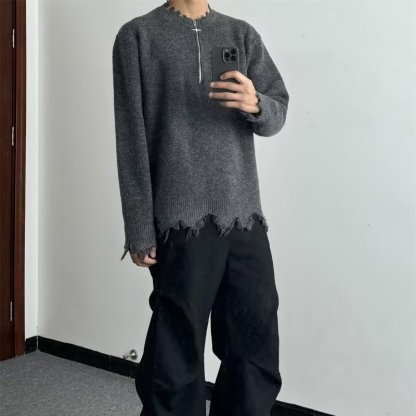 美式半拉鍊不規則毛邊寬鬆慵懶風設計感針織毛衣