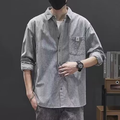 潮牌日系條紋打底長袖內搭寬鬆休閒襯衫