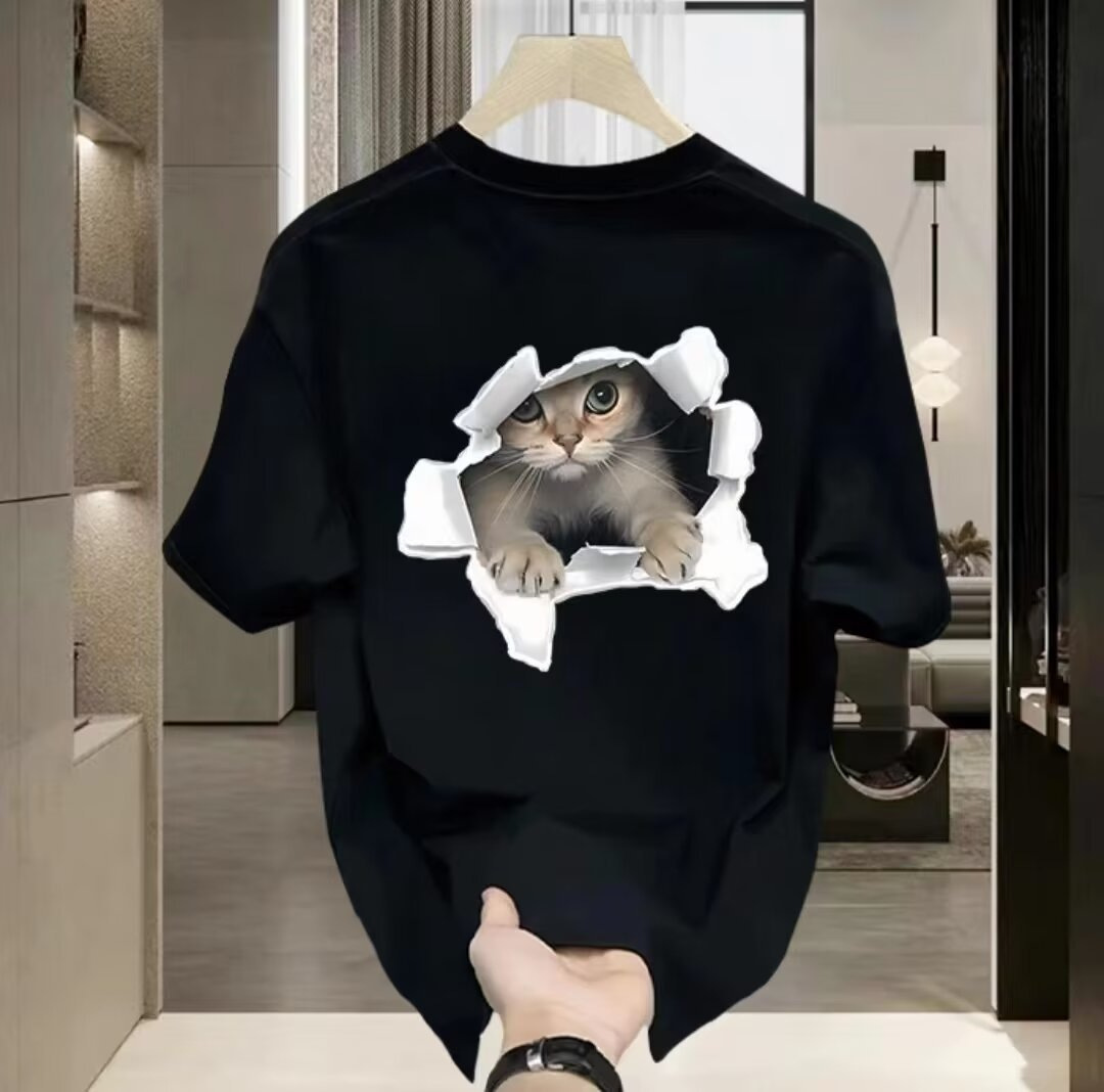 可愛貓咪印花圓領寬鬆情侶男女同款短袖T恤