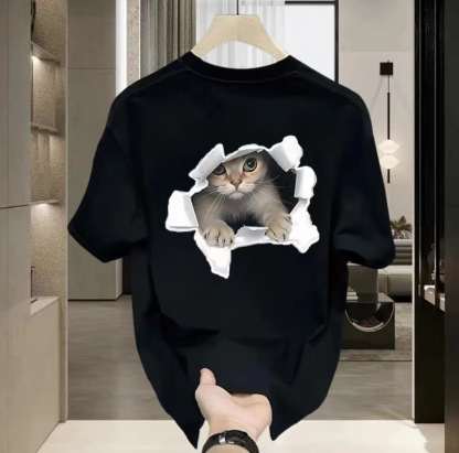 可愛貓咪印花圓領寬鬆情侶男女同款短袖T恤