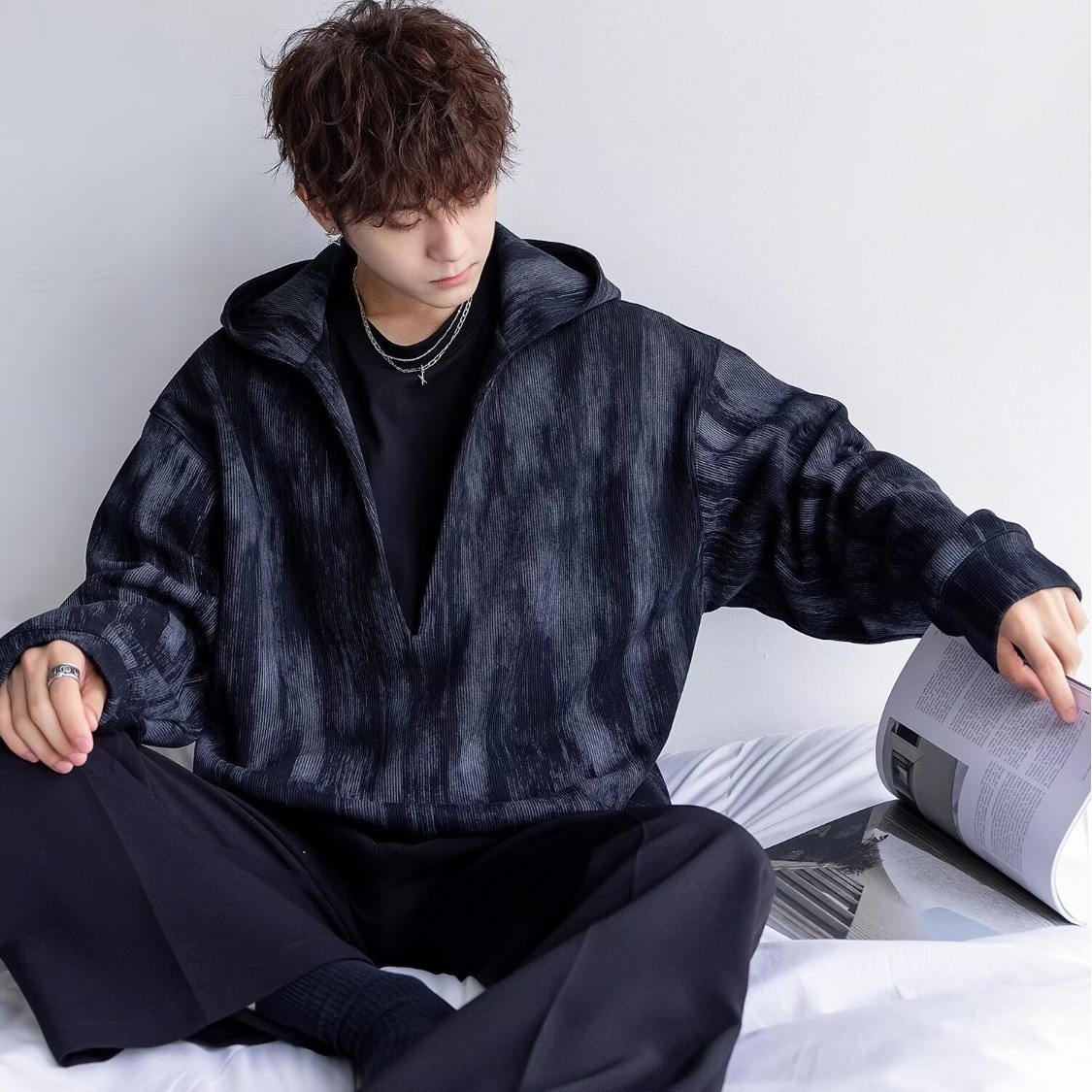 深V領港風潮牌滿印寬鬆百搭套頭連帽T