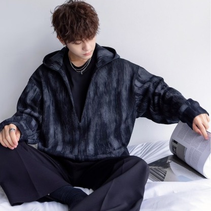 深V領港風潮牌滿印寬鬆百搭套頭連帽T