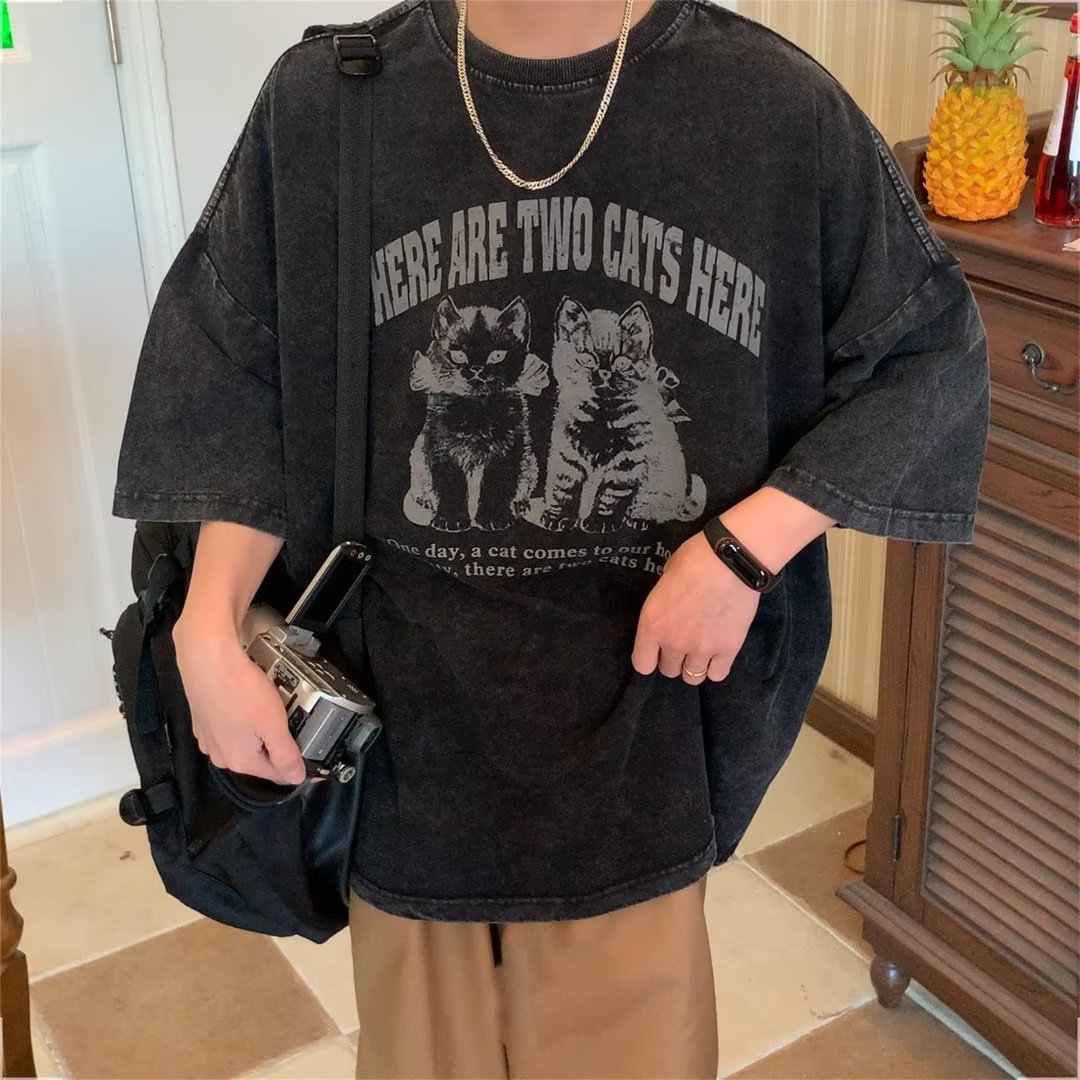 水洗做舊重磅純棉潮流痞帥美式高街復古短袖上衣