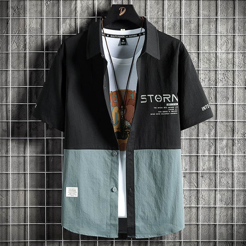 拼色薄款寬鬆潮牌港風日系寬鬆百搭襯衫上衣