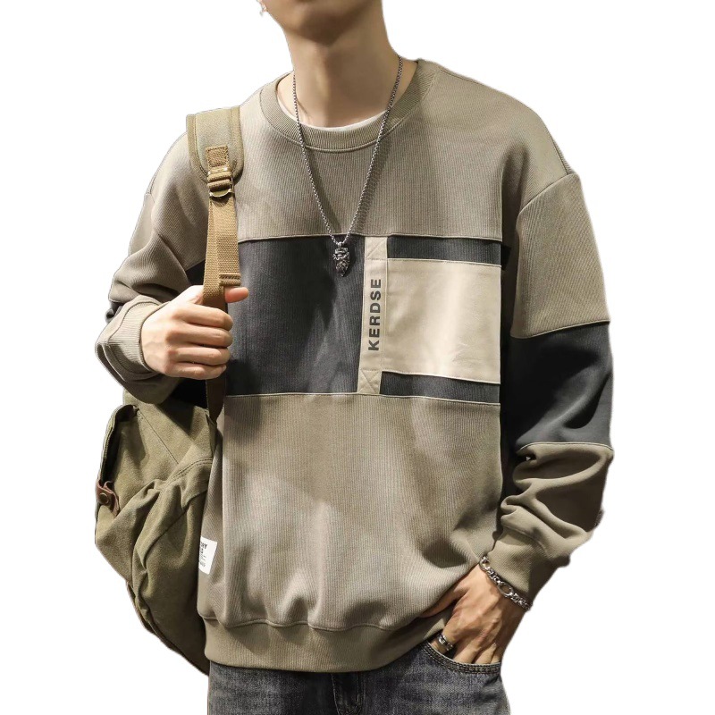 美式重磅青春時尚寬鬆寬鬆圓領拼色長袖T恤