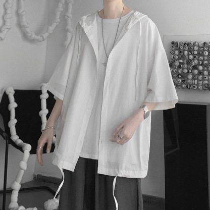 日系純色涼爽港風連帽五分袖薄款寬鬆開衫-Nuostyle