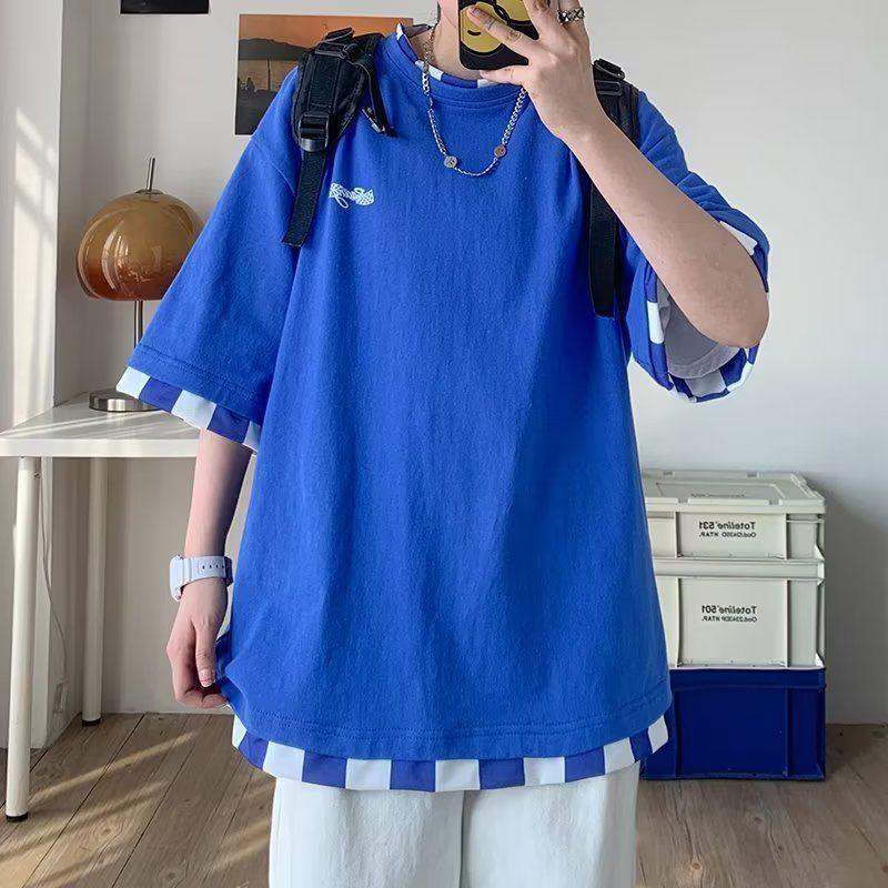 港風寬鬆五分袖百搭休閒假兩件短袖T恤