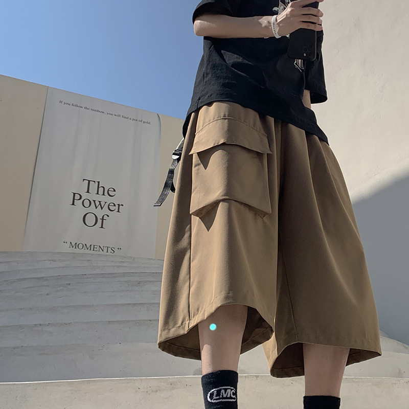 闊腿薄款設計感夏季外穿潮流工裝七分褲寬鬆冰絲褲子褲裝