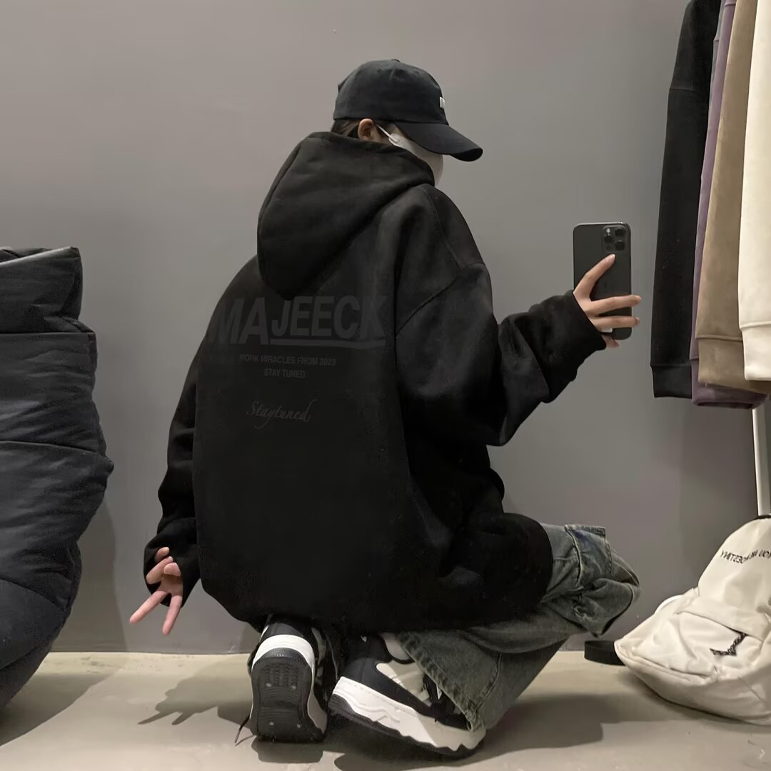 潮牌重磅痞帥情侶寬鬆大碼休閒麂皮絨連帽T