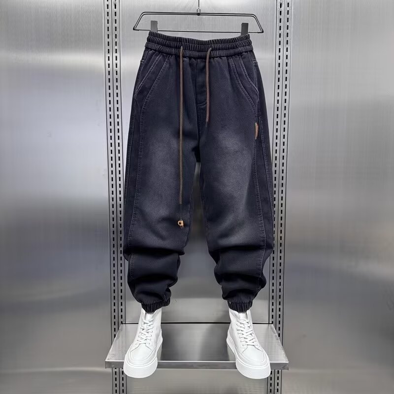 潮牌寬鬆做舊款痞帥休閒褲復古哈倫束腳牛仔褲