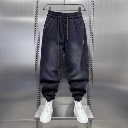 潮牌寬鬆做舊款痞帥休閒褲復古哈倫束腳牛仔褲