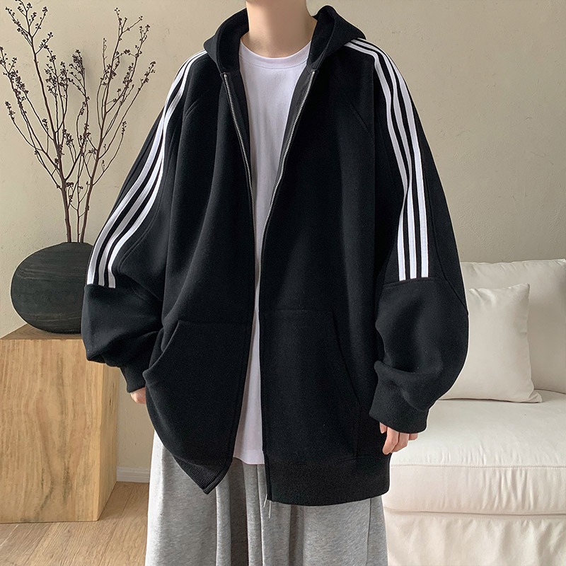 日系復古寬鬆休閒拉鏈條紋連帽外套