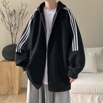 日系復古寬鬆休閒拉鏈條紋連帽外套