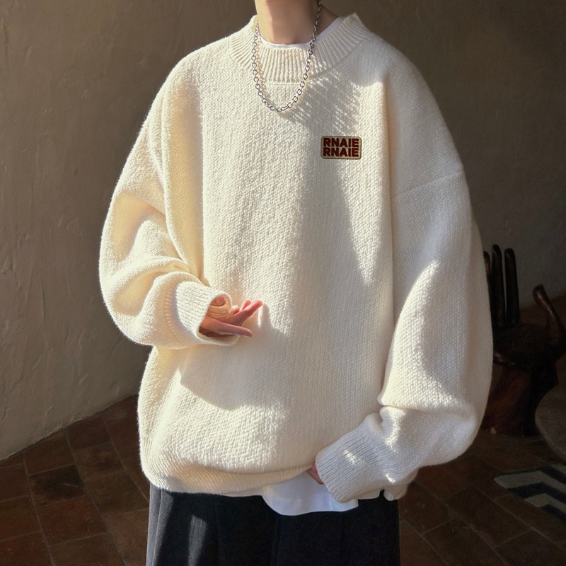 加厚慵懶風休閒寬鬆型素色長袖圓領針織毛衣