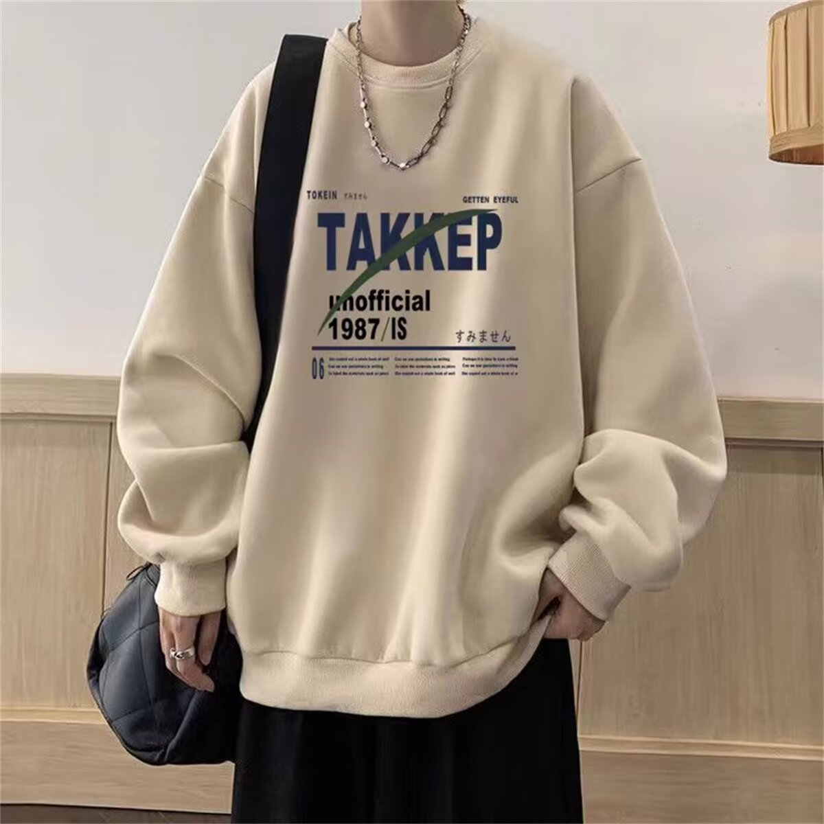 日系美式重磅圓領潮流寬鬆百搭帥氣長袖T恤