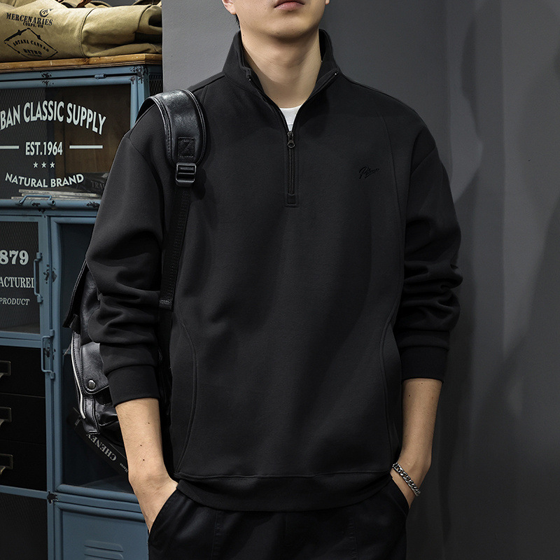 重磅磨毛刺繡美式復古半拉鏈立領寬鬆衛衣-NitSoon