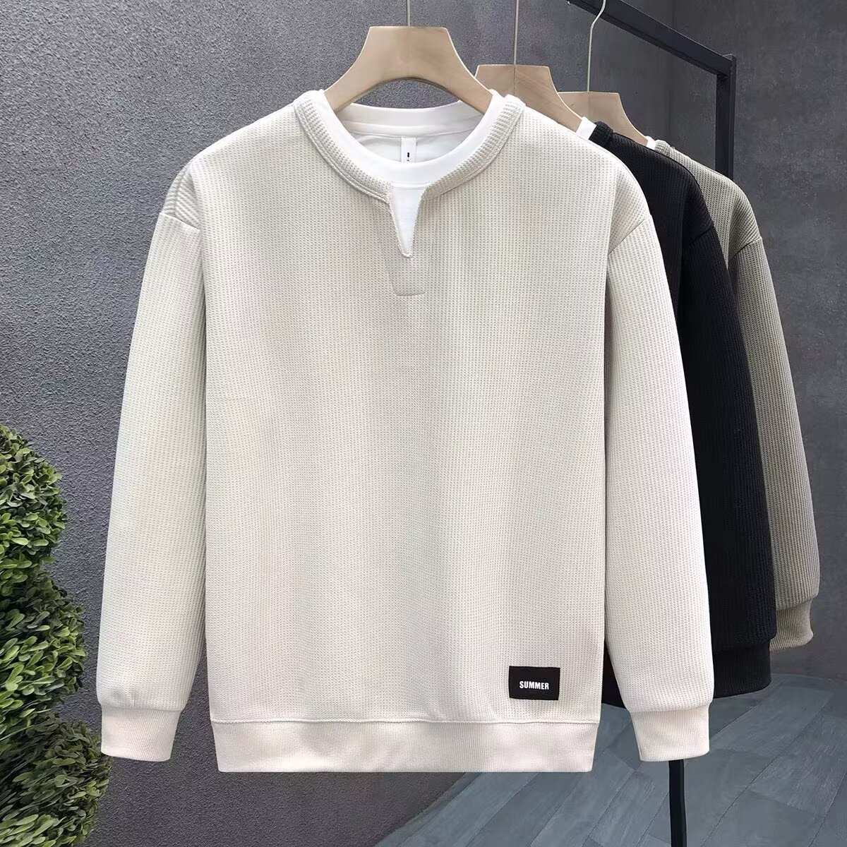 感痞帥V領假兩件潮牌休閒寬鬆長袖T恤