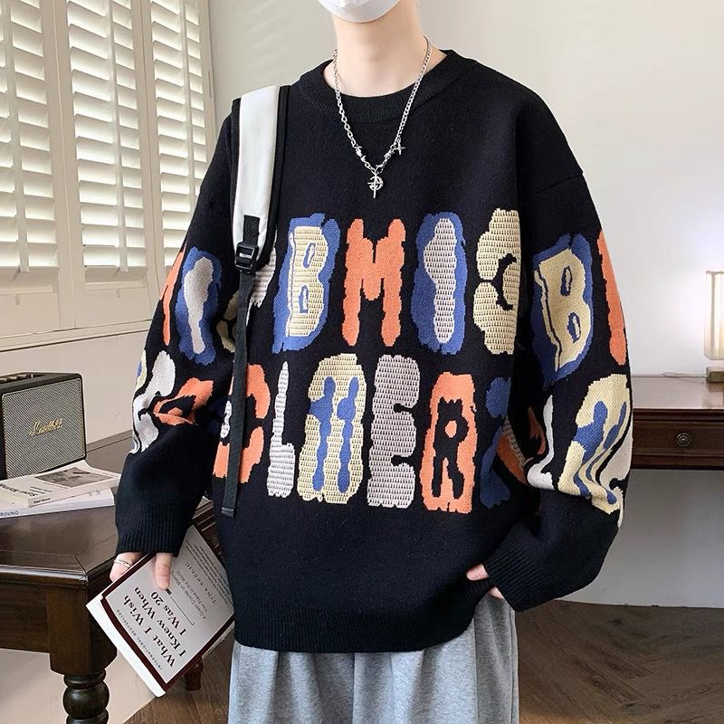 帥氣潮流時尚寬鬆字母撞色毛衣針織衫