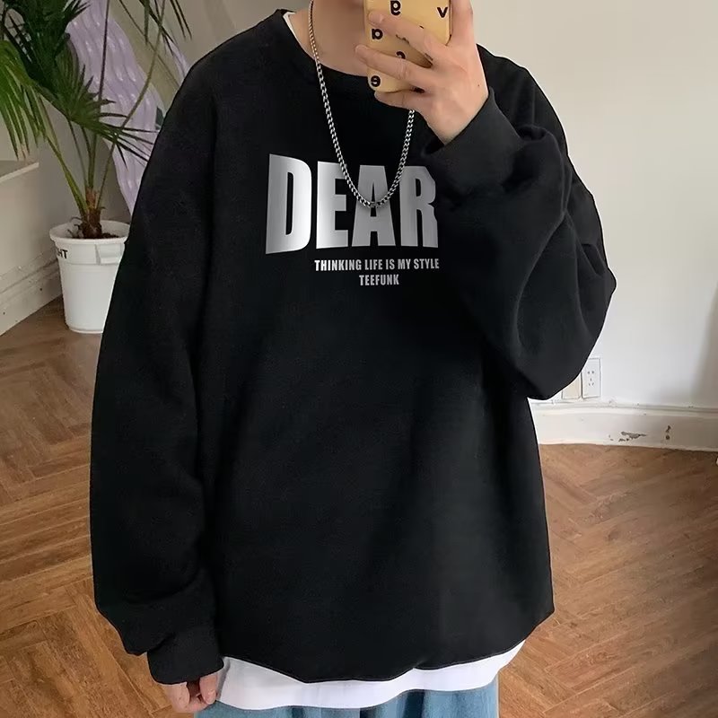 圓領刷毛字母印花大碼寬鬆重磅港風長袖T恤