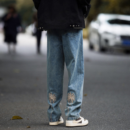 美式休閒街頭潮流水洗復古寬鬆直筒牛仔褲