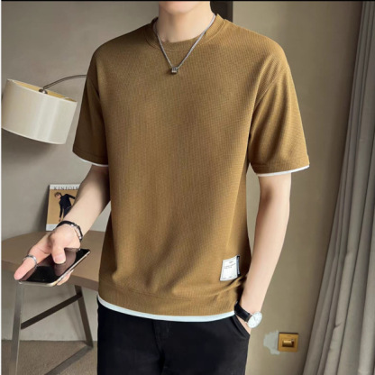 華夫格運動涼爽寬鬆假兩件打底休閒t恤-Nuostyle