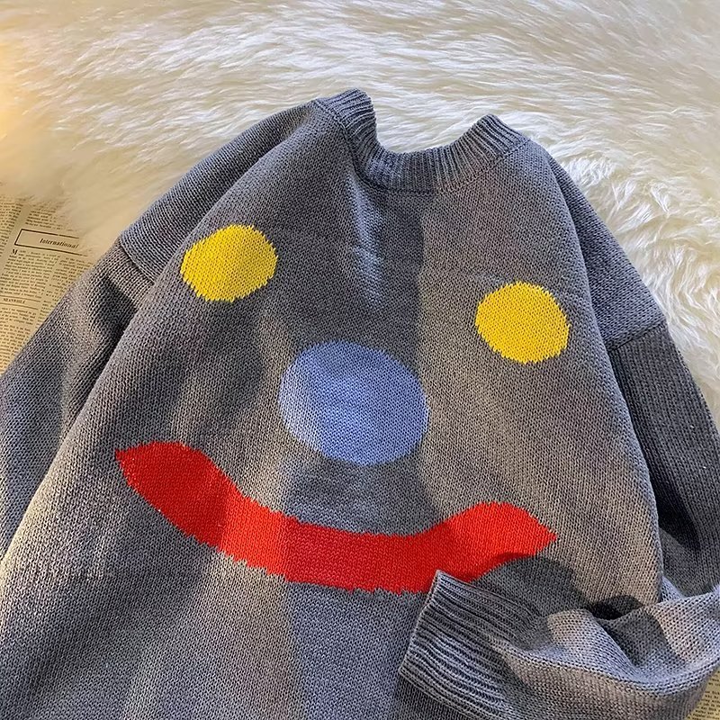 美式復古慵懶風寬鬆百搭針織衫小雪人笑臉毛衣