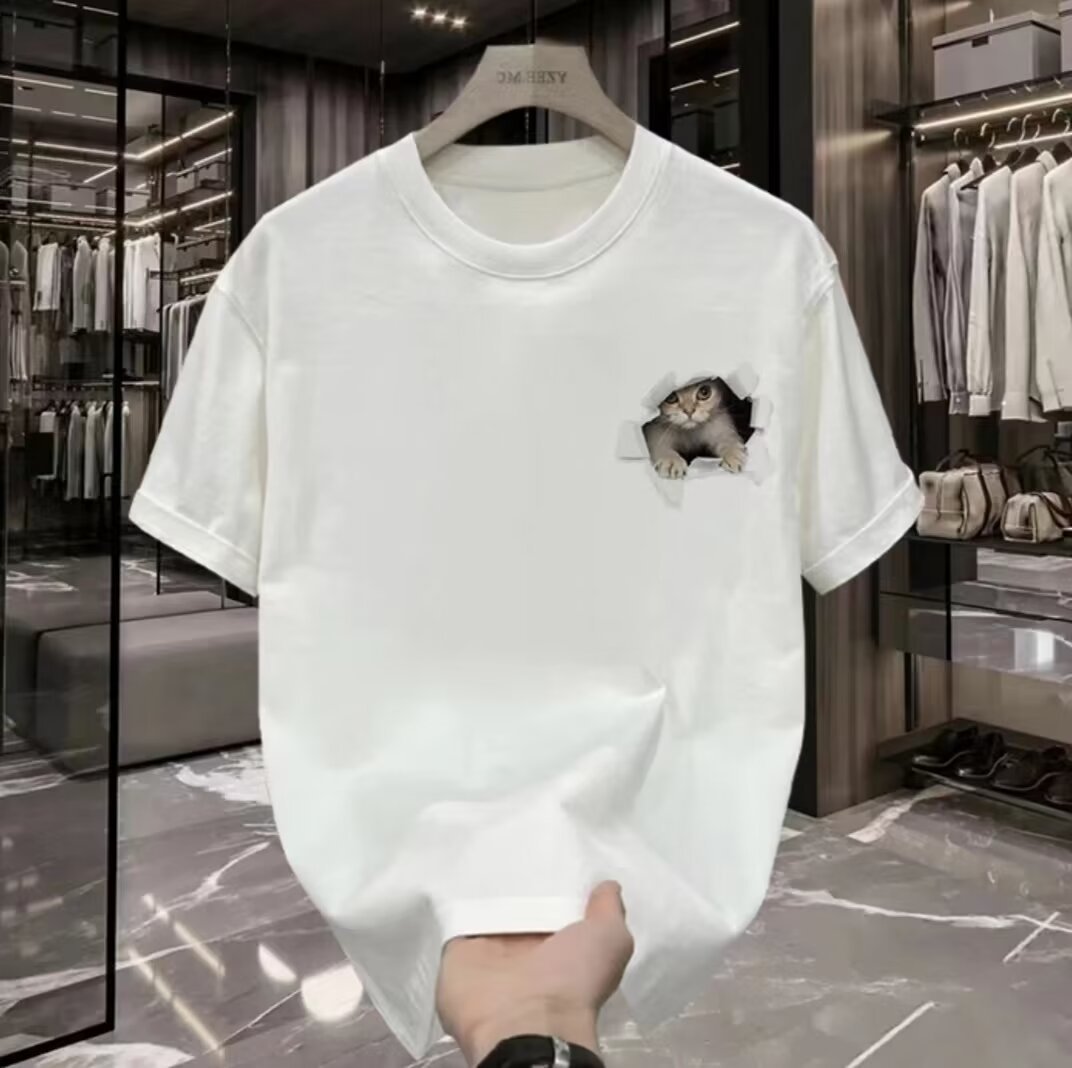 可愛貓咪印花圓領寬鬆情侶男女同款短袖T恤