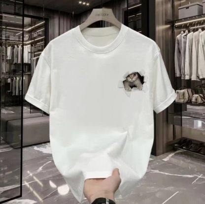 可愛貓咪印花圓領寬鬆情侶男女同款短袖T恤